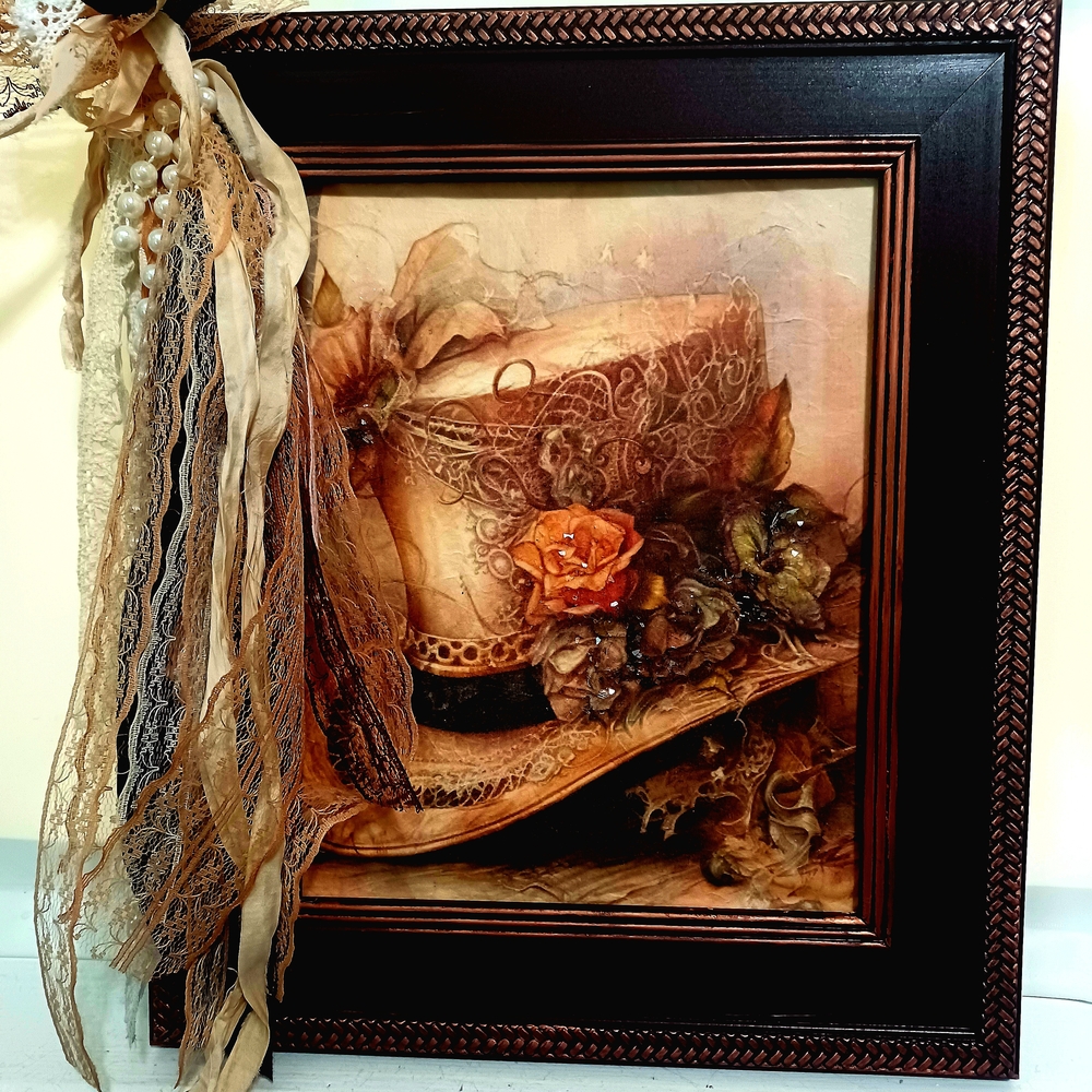 Elegant Mixed Media Hat Art with Brown Frame